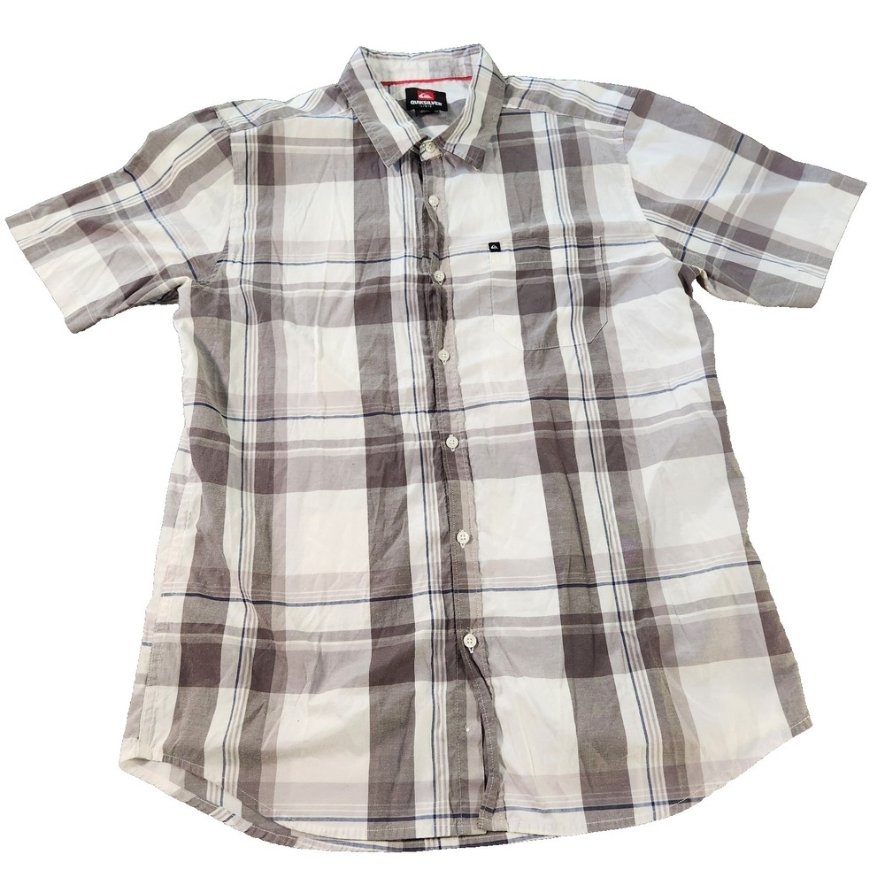 Quiksilver Mens Plaid Short Sleeve Button Down Shirt Grey White Large‎
